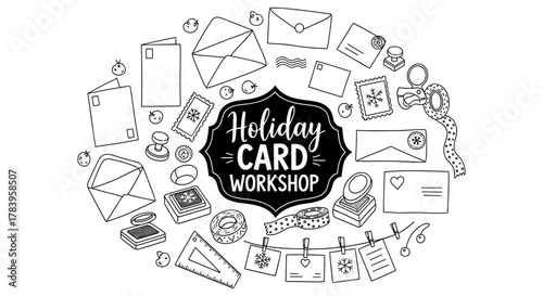Creative holiday card workshop with hand-drawn stationery and festive elements around chalkboard