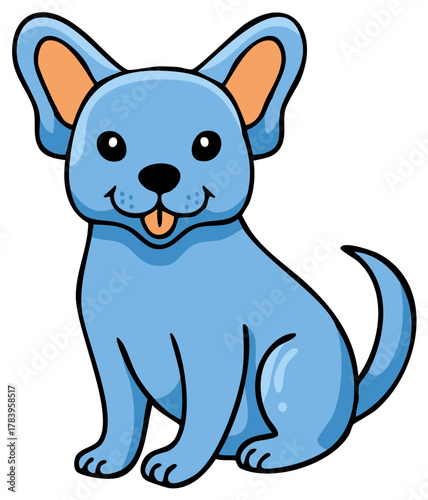 Cute cartoon blue puppy with big ears sitting, tongue sticking out friendly.
