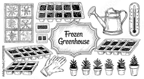 Winter gardening tools and seeds sketch with frozen greenhouse