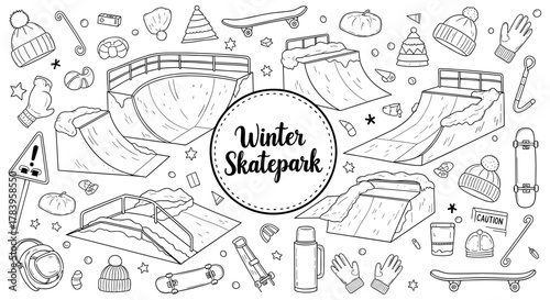 Winter skatepark outline: hats, ramps, skateboards, and winter gear in black and white