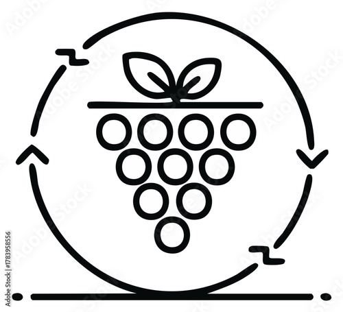 Minimalist grape bunch icon with a process cycle arrow for winemaking and sustainable agriculture
