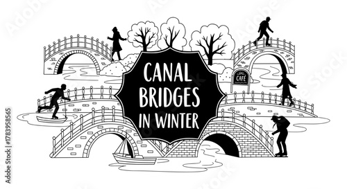 Winter canal bridges with people skating and walking in monochrome style