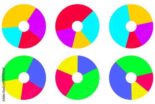 Abstract infographic set featuring vibrant pie charts in geometric layout. Perfect for reports, dashboards, and creative visual designs.