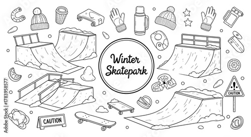 Winter skatepark elements with ramps and accessories in outline style