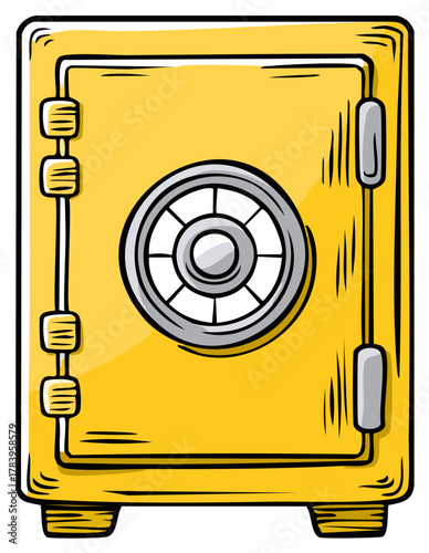 Bright yellow security safe box with combination dial for valuables protection illustration