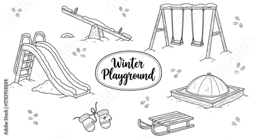 Winter playground activities with slide swing seesaw in sketch style