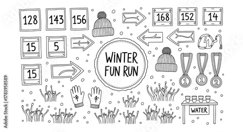 Winter fun run elements with doodle style arrows, numbers, medals, and winter gear