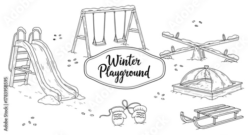 Winter playground fun: swings, slides, and sled in snowy wonderland