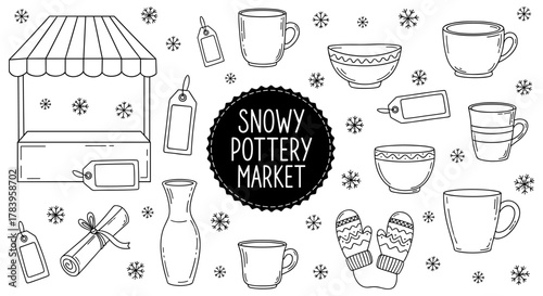 Winter craft fair: cozy pottery and snowy market stand with tags