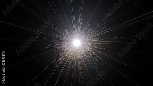Abstract glowing light tunnel with particles moving towards a bright center in dark space