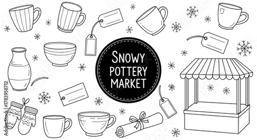 Snowy pottery market: hand-drawn winter crafts and cozy ceramics display