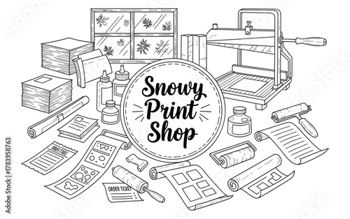 Creative printing studio supplies in winter themed black and white line art style