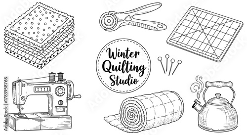 Winter quilting studio: sewing tools, fabrics, and cozy craft designs
