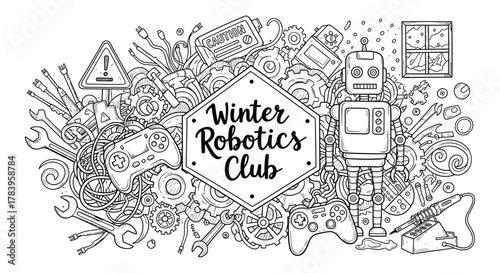 Winter robotics club doodle art featuring robots and gadgets