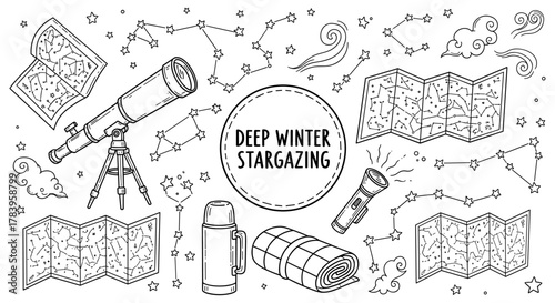 Winter stargazing essentials in black and white line art with telescopes and constellations