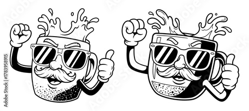 Two cartoon coffee mugs with sunglasses and mustaches, one light and one dark
