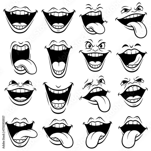 Collection of cartoon mouths with different expressions, showcasing various emotions and gestures
