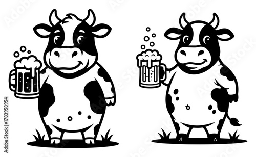 Two cheerful cows holding beer mugs, perfect for brewery designs and festive celebrations