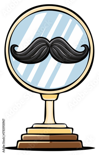 A large handlebar mustache reflected in a decorative hand mirror with a golden frame and stand