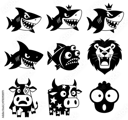 Collection of nine animal characters, including shark, piranha, lion, cow, and chicken