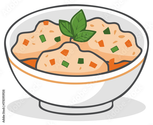 Cartoon illustration of soup bowl with vegetables, basil leaves, food item, vector