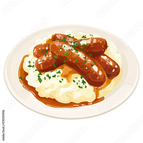 Flat 2D Bangers And Mash vector illustration, icon graphic on white background