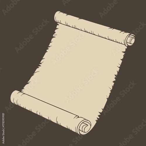 Antique papyrus scroll banner vector illustration with an old feather pen, blank ancient parchment document for a vintage map or medieval letter message design