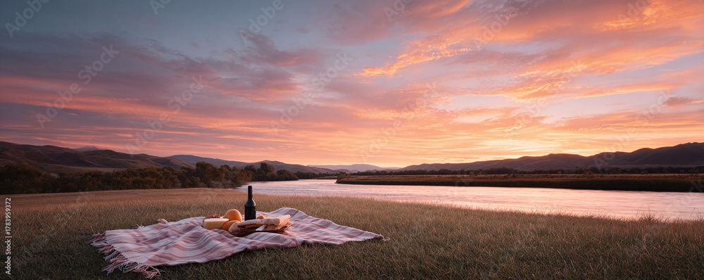 Fototapeta premium Romantic outdoor picnic scene at sunset by a calm river. Features a blanket, wine, cheese, and bread. Evokes tranquility and simple pleasures. Great for lifestyle ads.