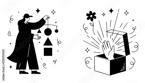 Person creating art with geometric shapes and hand reaching out of box with flower