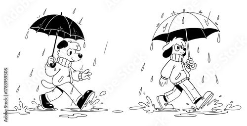 Two dogs walking in rain with umbrella, enjoying a rainy day