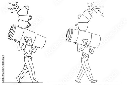A person carrying a giant coffee cup with stacked cups falling