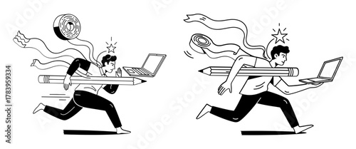 A busy freelancer is running with a laptop, pencil, and donut