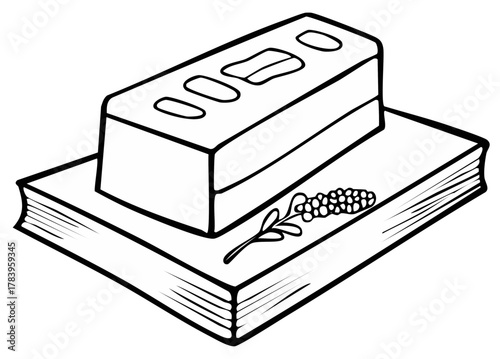 Line art illustration of a brick resting on an open book with a plant sprig