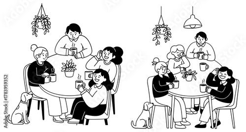 A group of people sitting around a table drinking coffee