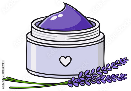 Jar of lavender cream with a heart symbol and sprigs of lavender