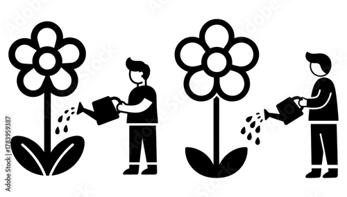 Man watering a flower with a watering can, taking care of nature