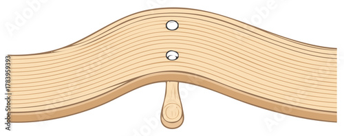 Curved polished wood plank with smooth texture and two circular indentations