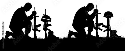 Soldier kneeling in front of a fallen comrades memorial