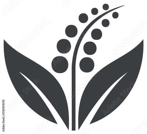 Modern graphic design of a plant featuring two broad leaves and a stem with multiple round fruits