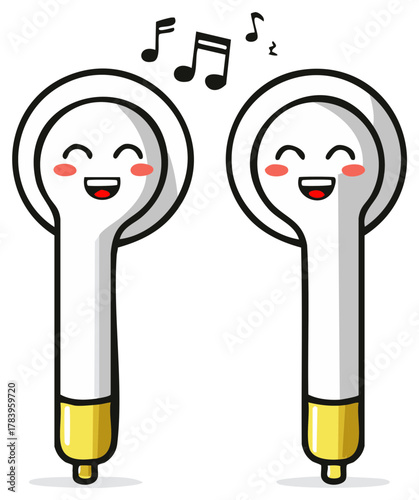 Cartoon Headphones with Music Notes and Happy Faces Audio Device Listening Music Entertainment Fun