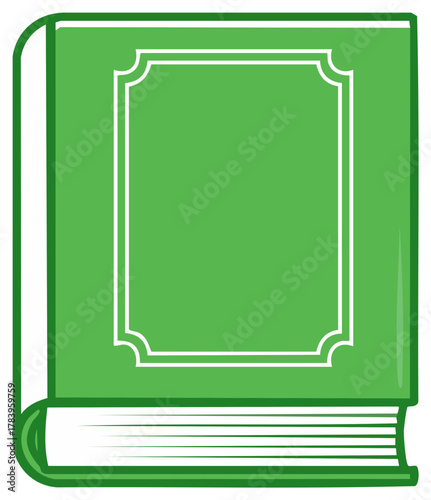 Closed green book with white decorative border and pages