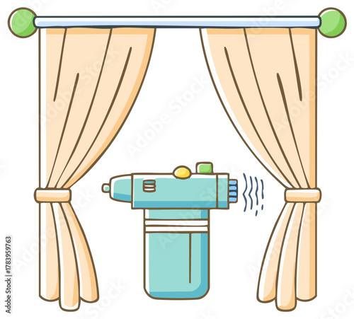 Cartoon medical device with ventilator tubes next to draped curtains