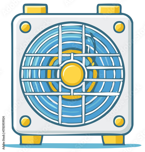 Stylized cartoon fan with blue and yellow elements for cooling and ventilation