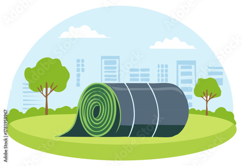 Cartoon landscape with rolled turf or artificial grass on a green field