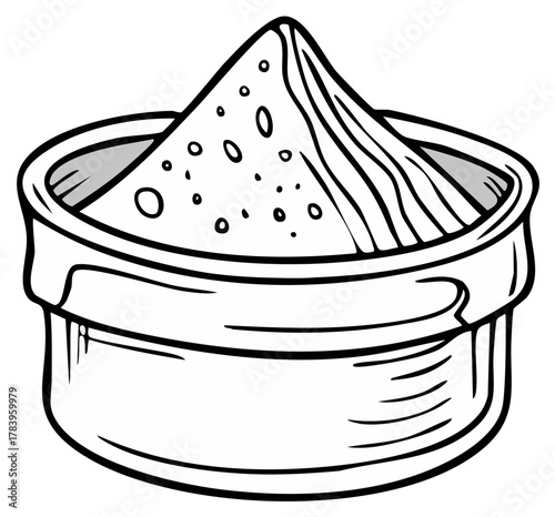 Artistic illustration of a conical pile of powder in a round container with stylized lines and dots