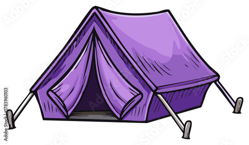 Purple tent illustration with details, camping outdoors
