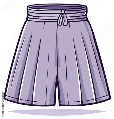 Pleated purple wide-leg shorts or culottes with a drawstring waist cartoon illustration.