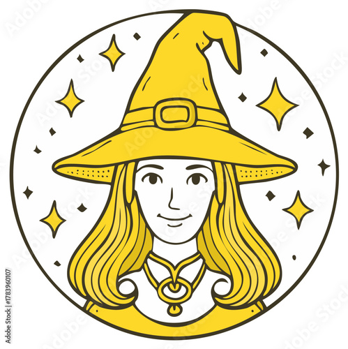 Smiling Young Witch with Golden Hair and Pointed Hat in a Magical Starry Circle