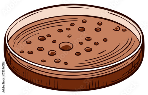 Scientific petri dish illustration showing brown culture medium and growing microbial colonies