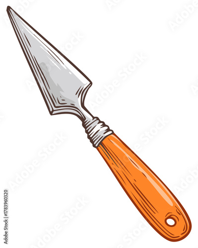 Sharp pointed carving knife with bright orange wooden handle illustration artwork